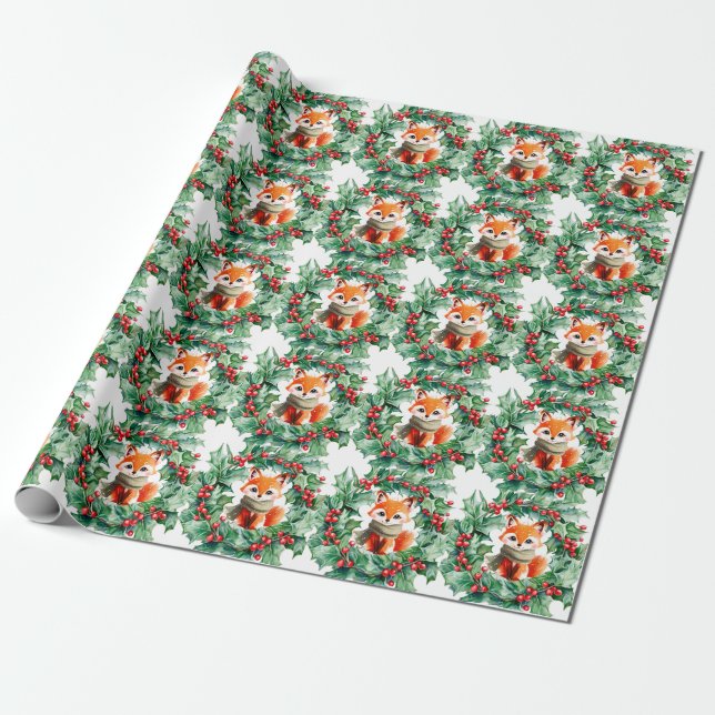 Winter Red Fox Green Berries Baby Shower Wrapping Paper (Unrolled)