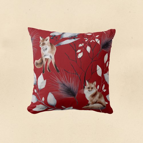 Winter Red Fox Leaves Watercolor Throw Pillow