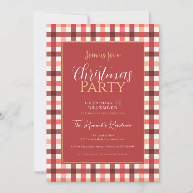 Winter Red Gingham Plaid Checkered Pattern Invitation (Front)