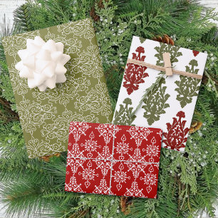 Winter Red Green Damask Traditional Christmas Wrapping Paper Sheets