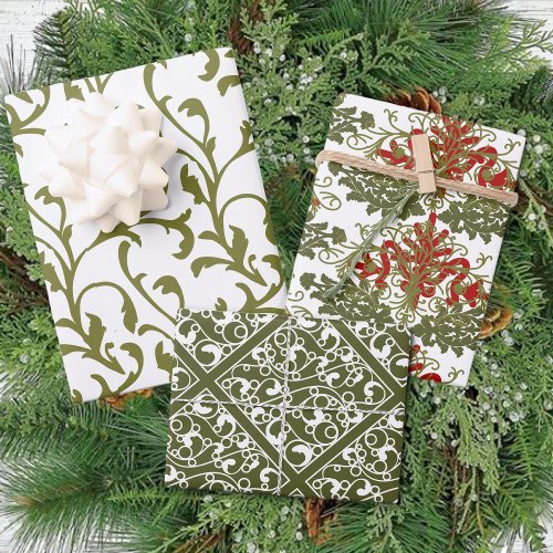 Winter Red Green Damask Traditional Christmas Wrapping Paper Sheets