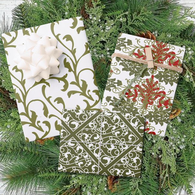 Winter Red Green Damask Traditional Christmas Wrapping Paper Sheets (Creator Uploaded)