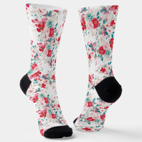 Winter red green floral watercolor snow pattern socks