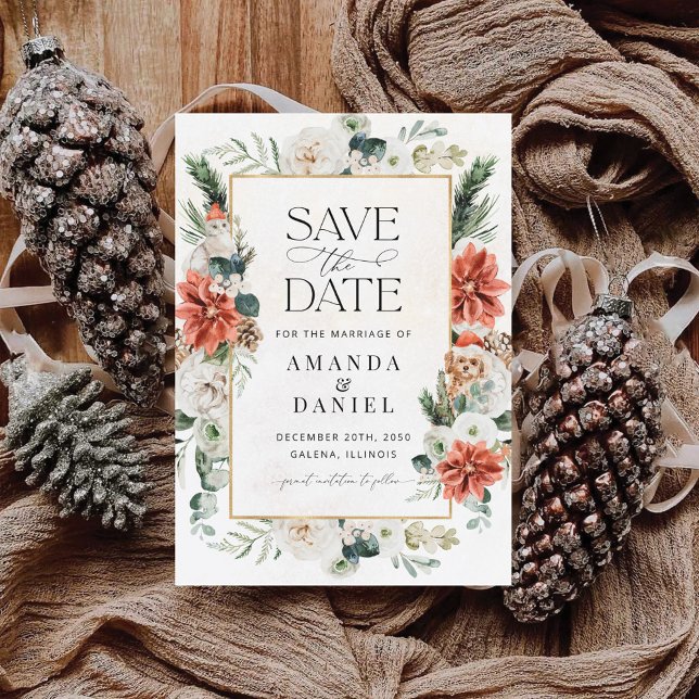 Winter Red Greenery Pinecone Save The Date Card (Creator Uploaded)