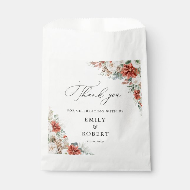 Winter Red Greenery Pinecone Wedding Favor Bags (Front)