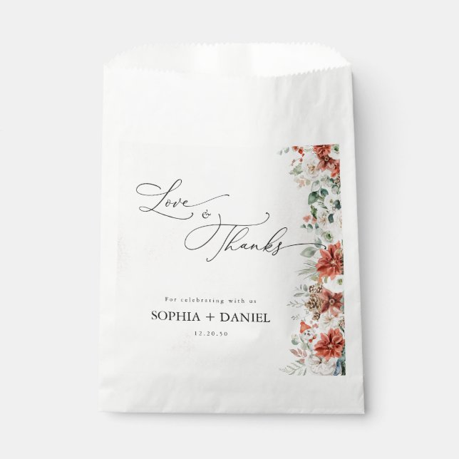 Winter Red Greenery Pinecone Wedding Favor Bags (Front)