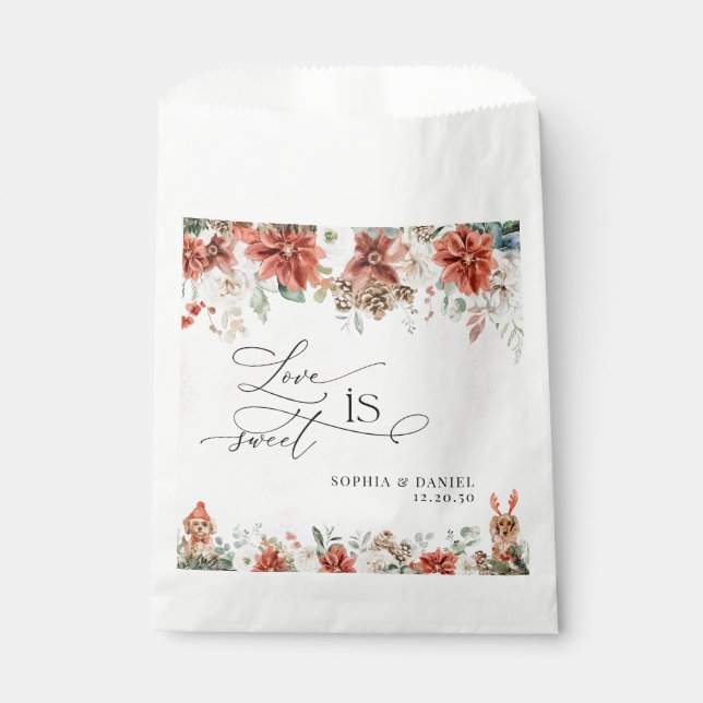 Winter Red Greenery Pinecone Wedding Favor Bags (Front)