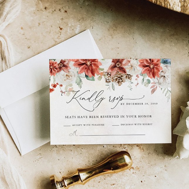 Winter Red Greenery Pinecone Wedding RSVP Card (Creator Uploaded)