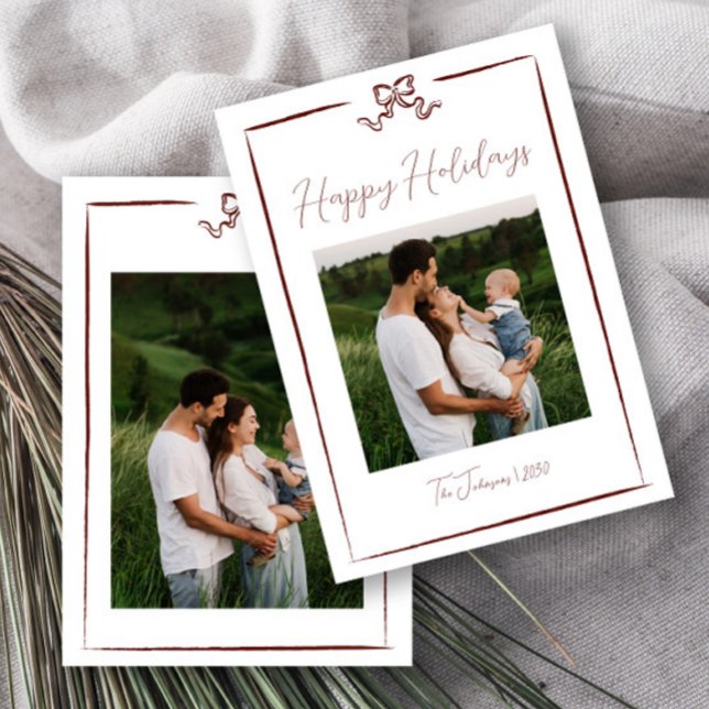 Winter Red Hand Drawn Bow Happy Holidays One Photo Invitation (Creator Uploaded)