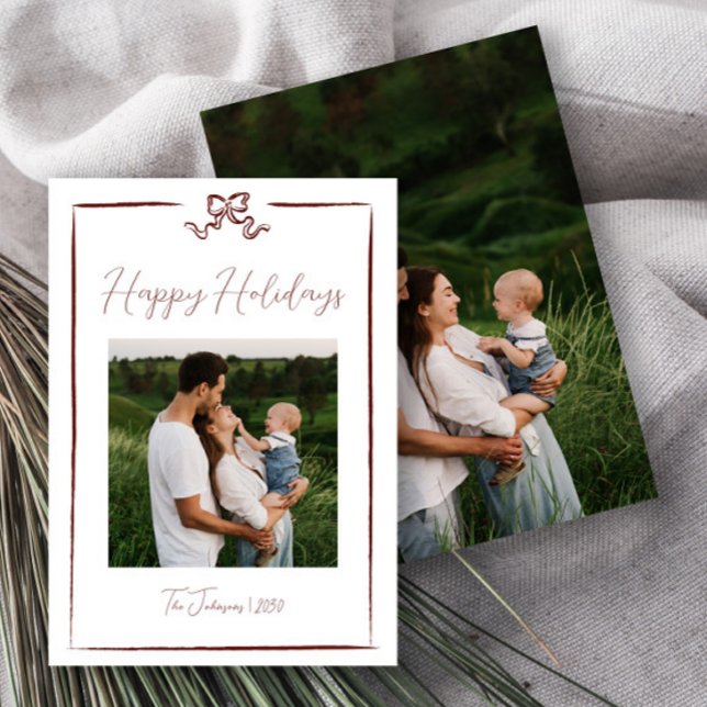 Winter Red Hand Drawn Bow Happy Holidays Two Photo Invitation (Creator Uploaded)