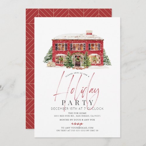 Winter Red House Christmas Holiday Party Invitation