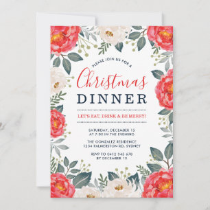 Winter Red Ivory Floral Festive Christmas Dinner Invitation