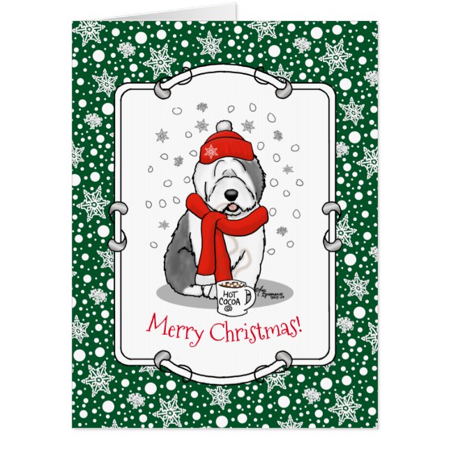 Winter (Red) Old English Sheepdog (Gray 1) Cute Card (Front)