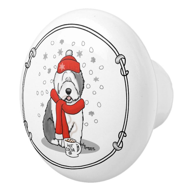 Winter (Red) Old English Sheepdog (Gray 1) Cute Ceramic Knob (Right)