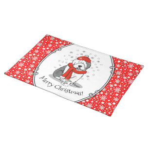 Winter (Red) Old English Sheepdog (Gray 1) Cute Cloth Placemat