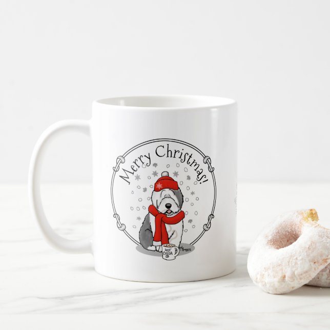 Winter (Red) Old English Sheepdog (Gray 1) Cute Coffee Mug (With Donut)