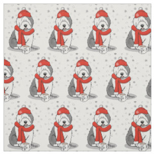 Winter (Red) Old English Sheepdog (Gray 1) Cute Fabric
