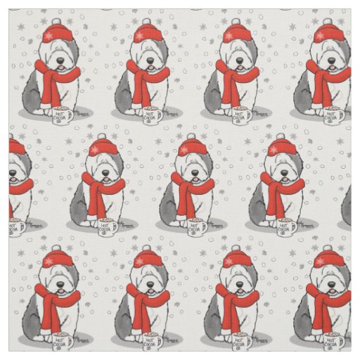 Winter (Red) Old English Sheepdog (Gray 1) Cute Fabric