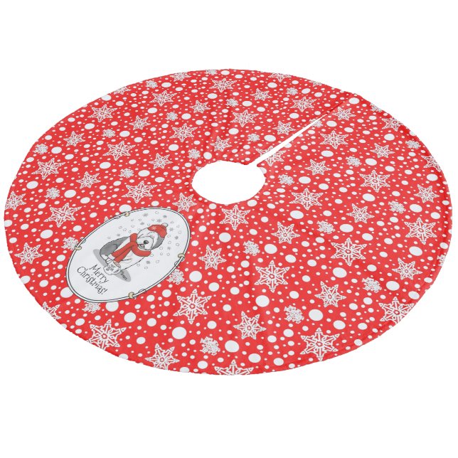 Winter (Red) Old English Sheepdog (Gray 1) Cute Fleece Tree Skirt (Angled)