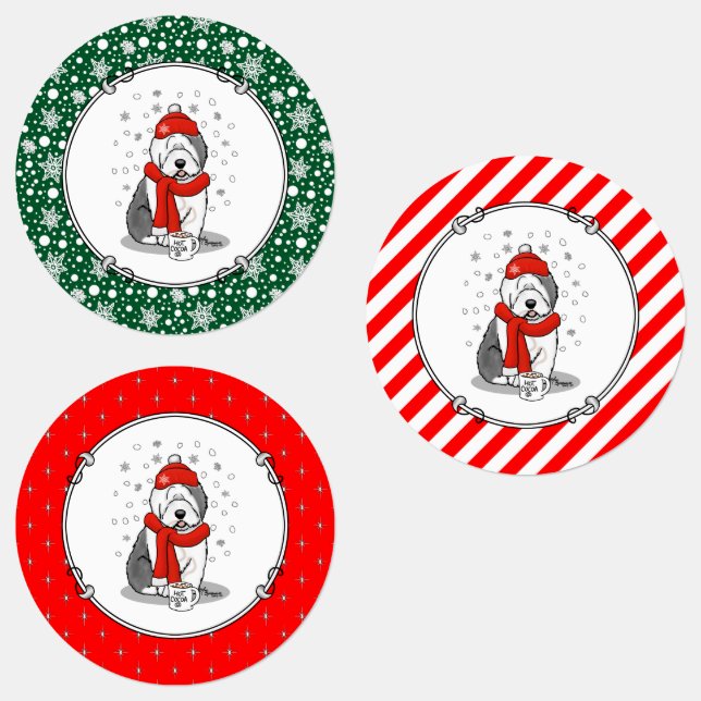 Winter (Red) Old English Sheepdog (Gray 1) Cute Labels (Group)