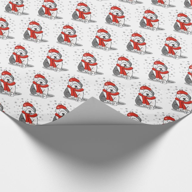 Winter (Red) Old English Sheepdog (Gray 1) Cute Wrapping Paper (Corner)