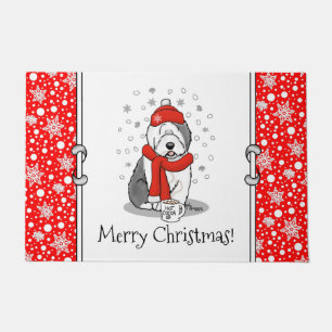 Winter (Red) Old English Sheepdog Gray 1 Holiday Doormat