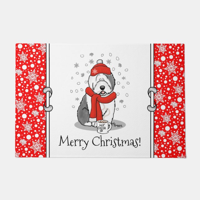 Winter (Red) Old English Sheepdog  Gray 1 Holiday Doormat (Front)
