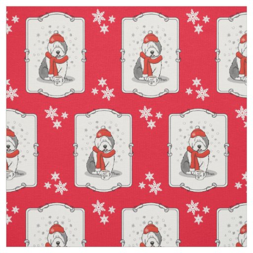 Winter (Red) Old English Sheepdog  Gray 1 Holiday Fabric