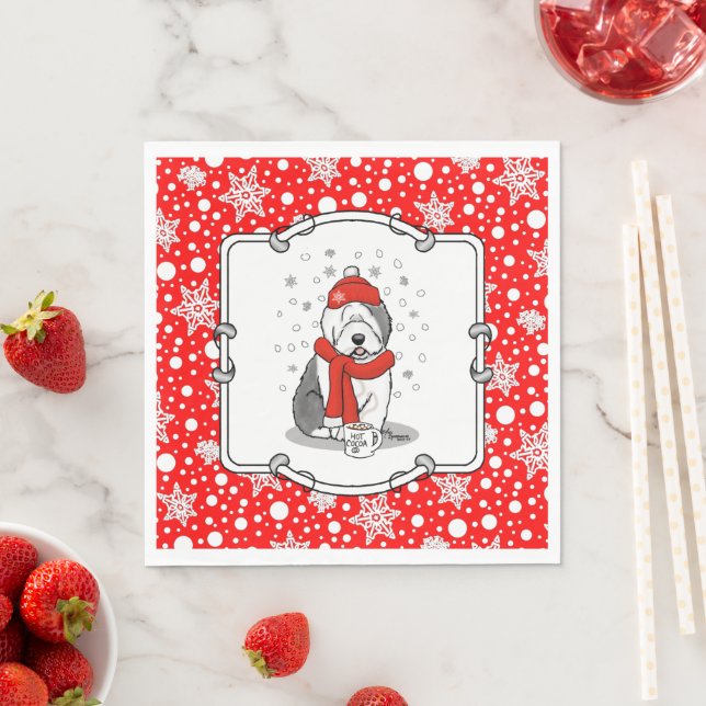 Winter (Red) Old English Sheepdog  Gray 1 Holiday Napkins (Insitu)