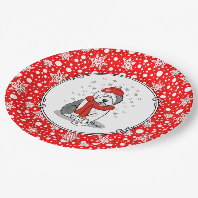 Winter (Red) Old English Sheepdog  Gray 1 Holiday Paper Plates (Angled)