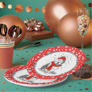 Winter (Red) Old English Sheepdog Gray 1 Holiday Paper Plates