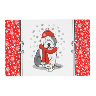 Winter (Red) Old English Sheepdog  Gray 1 Holiday Placemat