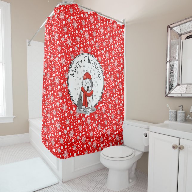 Winter (Red) Old English Sheepdog  Gray 1 Holiday Shower Curtain (In Situ)