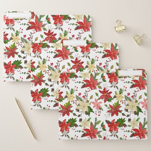 Winter Red Poinsettia Floral Holiday Pattern File Folder (Set)
