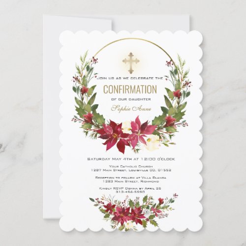 Winter Red Poinsettia Gold Cross Confirmation Invitation