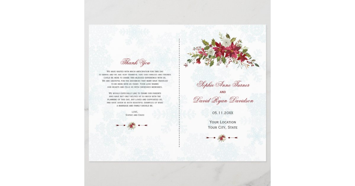 Winter Red Poinsettia Snowflakes Wedding Program Zazzle Com