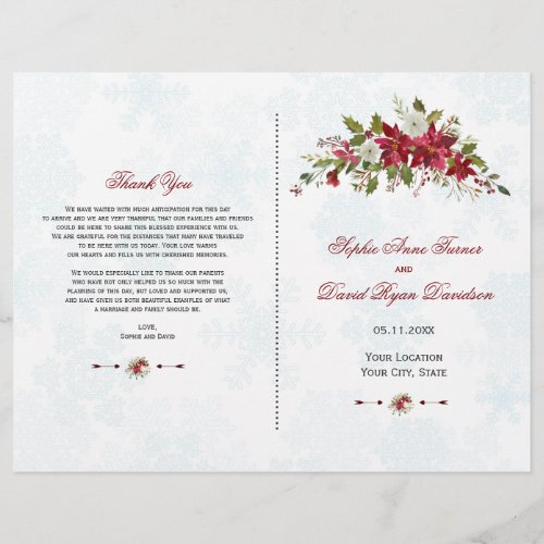 Winter Red Poinsettia Snowflakes Wedding Program