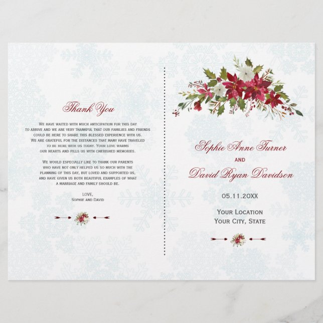 Winter Red Poinsettia Snowflakes Wedding Program (Front)