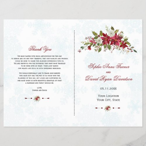 Winter Red Poinsettia Snowflakes Wedding Program
