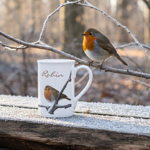 Winter Red Robin Birds Custom Name Bone China Mug