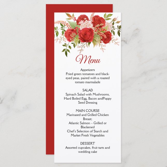 Winter Red Roses, Berries, Stems, Greenery Wedding Menu (Front/Back)