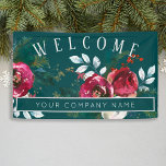 Winter Red Roses Christmas Corporate Party Welcome Banner<br><div class="desc">Dark hunter blue green welcome banner featuring red burgundy and white peony roses bouquets with seasonal foliage,  red berries and fir branches,  and your company name.          Suitable for holiday / Christmas parties,  open house,  cocktails.</div>