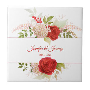 Winter Red Roses & Greenery Wedding Keepsake Ceramic Tile