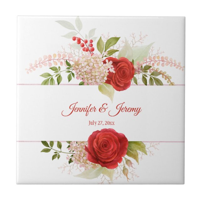 Winter Red Roses & Greenery Wedding Keepsake | Ceramic Tile (Front)