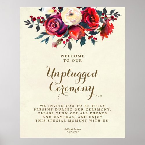 winter red roses unplugged wedding ceremony sign