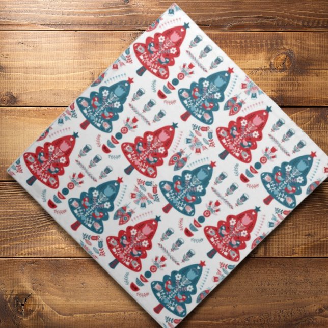 Winter Red Scandinavian Christmas Tree Folk Art Cloth Napkin (Creator Uploaded)