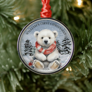 Winter Red Scarf Polar Bear Baby's First Christmas Metal Ornament