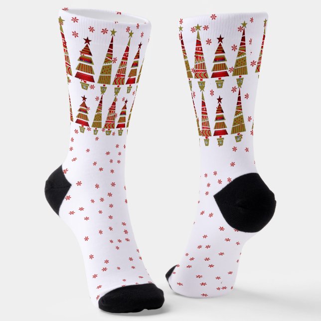 Winter Red Snowflakes Christmas Tree Decor White  Socks (Angled)