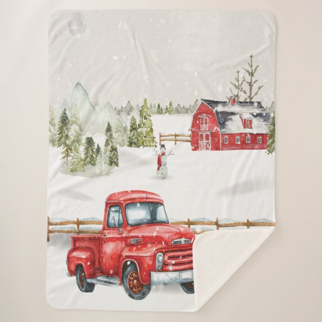 Winter Red Truck & Barn Sherpa Blanket (Front)