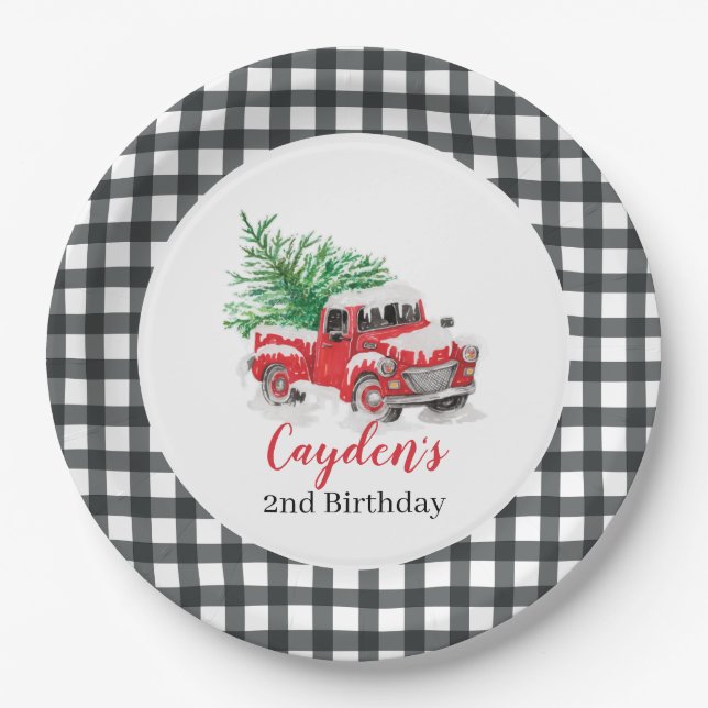 Winter Red Truck Birthday Party Paper Plates (Front)